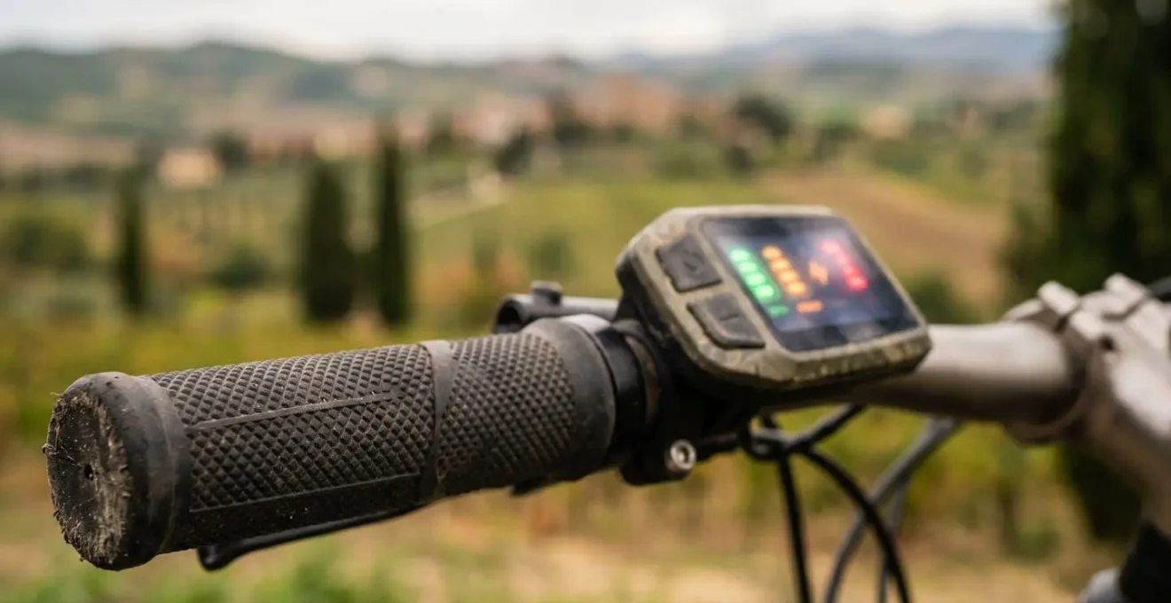 Display E-MTB che mostra i livelli della batteria e la modalità di assistenza selezionata, montato sul manubrio.