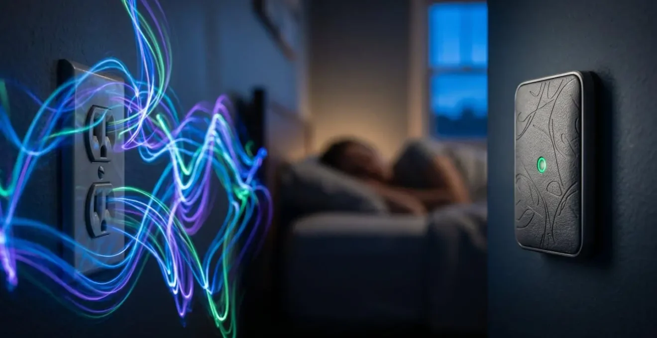 Camera da letto serena con focus su interruttore bioswitch e onde invisibili suggerite