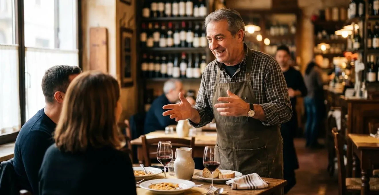 Oste di trattoria che consiglia specialità locali a cliente