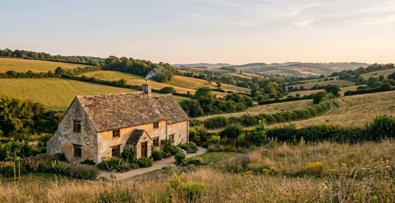 Casa rurale con colori naturali della terra perfettamente integrata nel paesaggio collinare