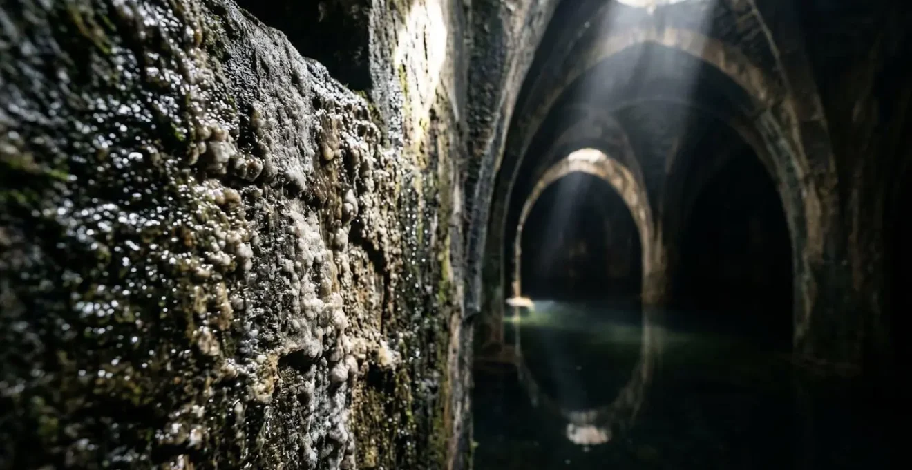 Vista interna di una cisterna medievale con volte in pietra e sistema di raccolta acqua