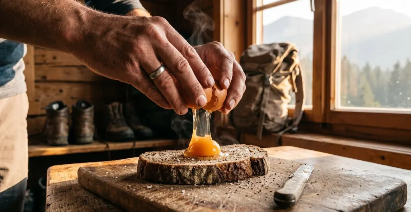 Una colazione energetica per escursionisti, con un uovo fresco rotto su una fetta spessa di pane di segale, con luce del mattino e attrezzatura da trekking sullo sfondo.