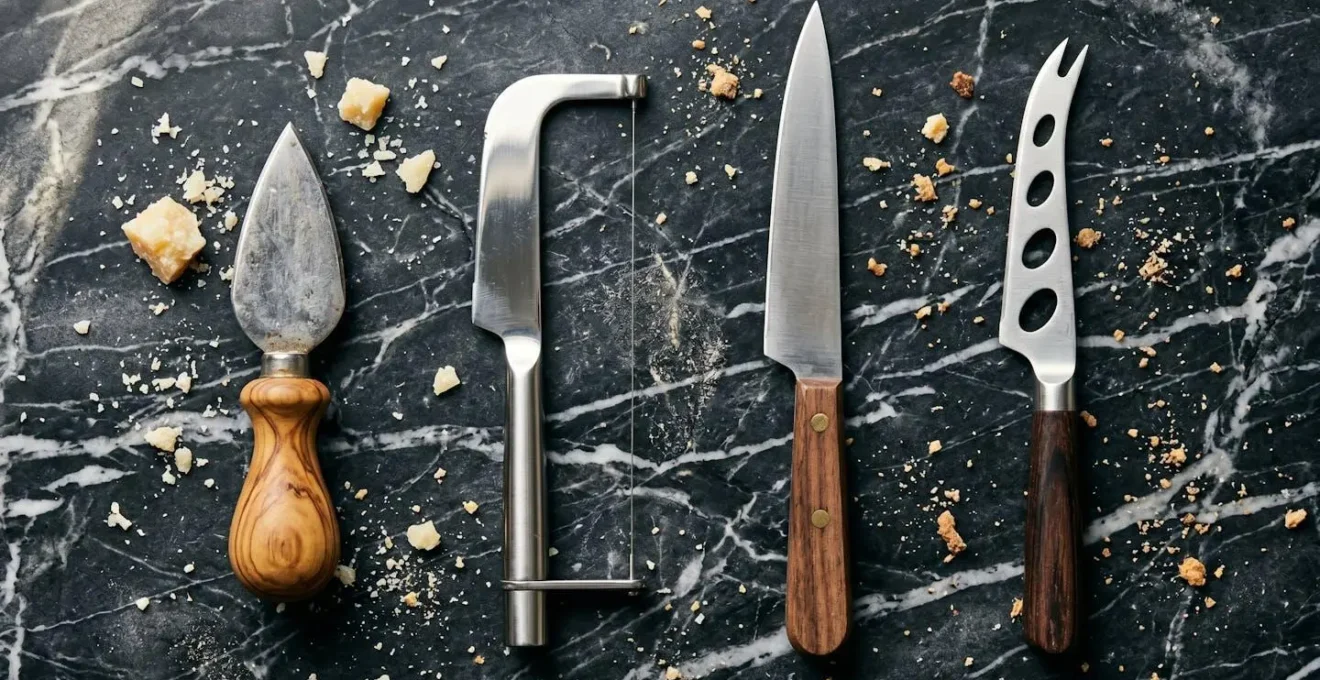 Set di coltelli specializzati per formaggi disposti su marmo