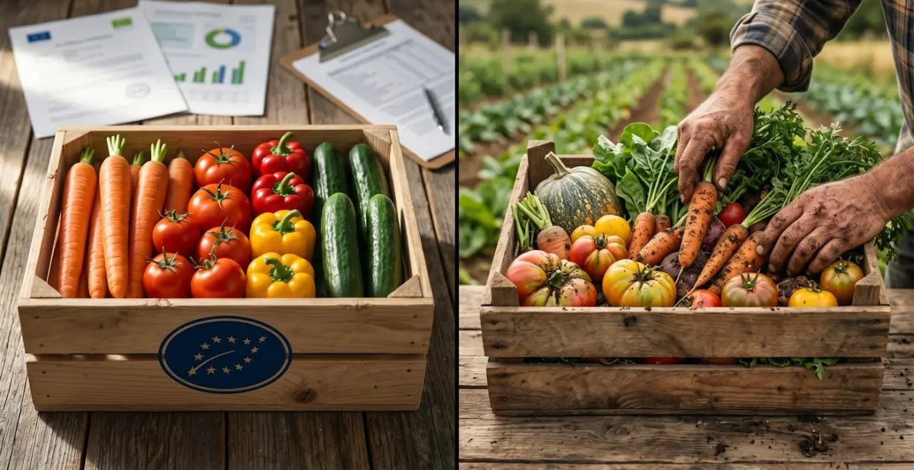 Confronto visivo tra un cesto di verdure perfette con certificazione biologica e un cesto di verdure variegate e imperfette offerte da mani contadine.