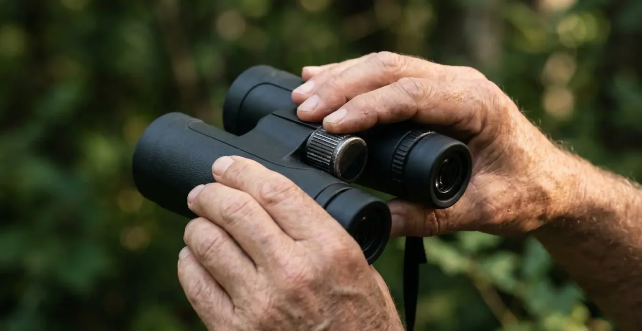 Mani che tengono un binocolo compatto durante l'osservazione degli uccelli