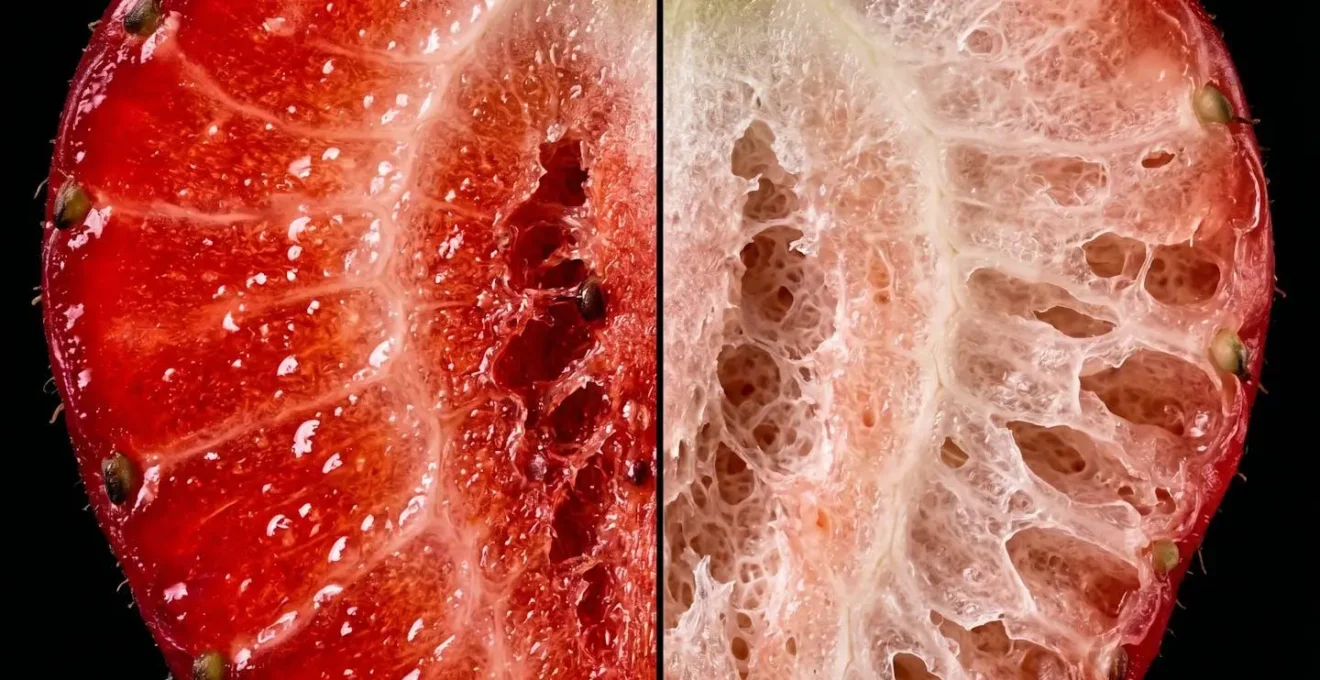Sezione macro di fragola che mostra differenze nella struttura cellulare tra maturazione naturale e artificiale