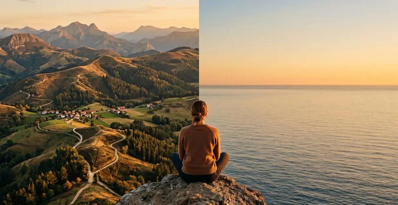 Vista divisa tra colline stratificate e orizzonte marino al tramonto