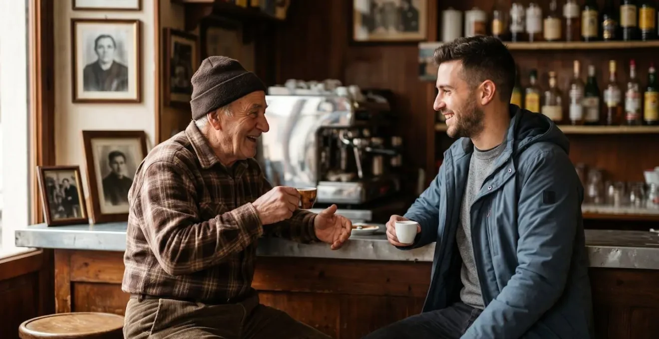 Anziano del paese e visitatore condividono un caffè al bar locale