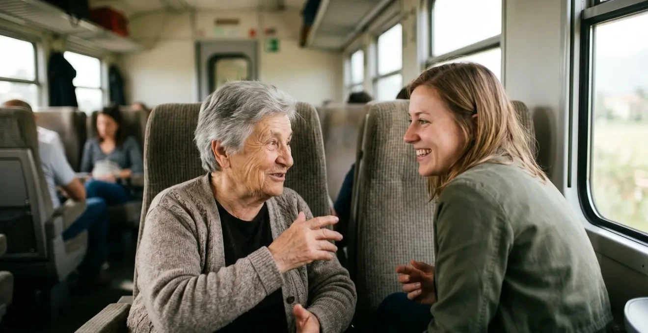 Due persone che conversano amabilmente sui sedili di un treno regionale italiano, simbolo di connessione umana durante un viaggio lento.