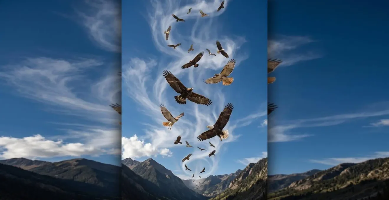 Vista aerea di rapaci che sfruttano le correnti termiche lungo una valle montana