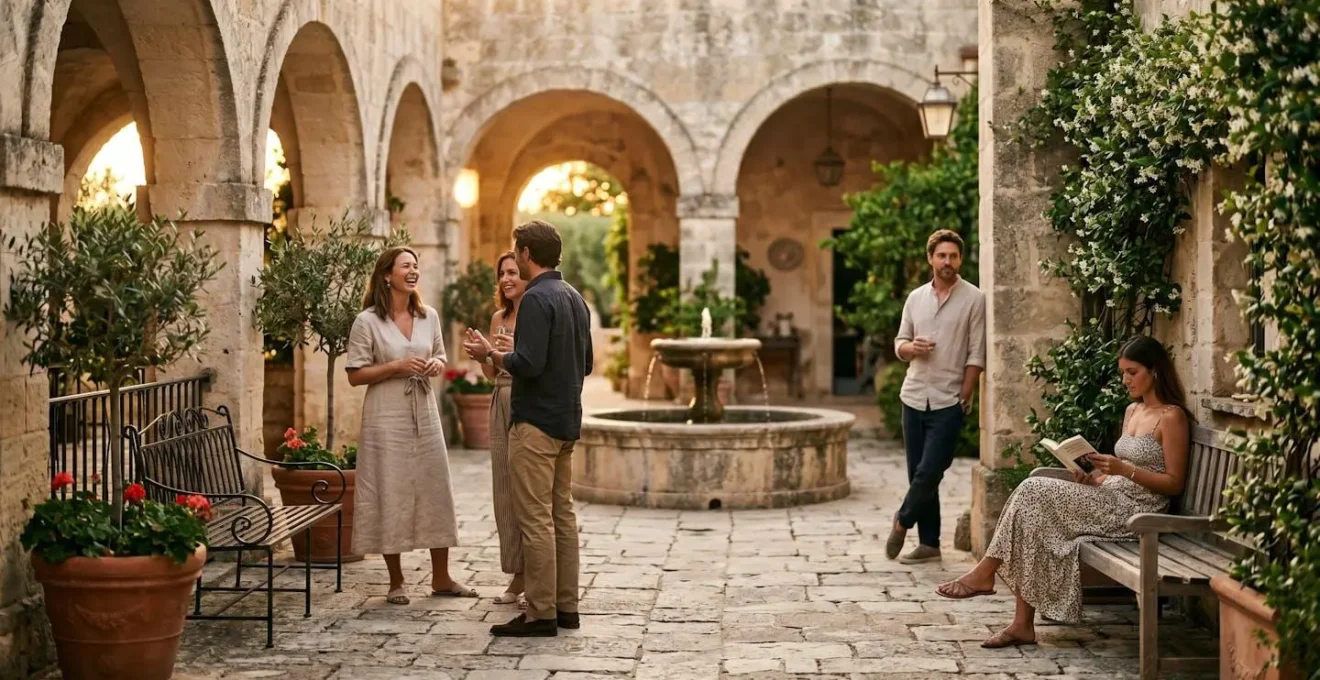 Cortile interno di masseria con ospiti durante l'aperitivo serale