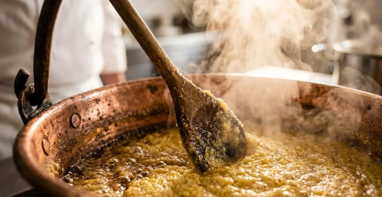 Cuochi con divise pulite preparano polenta in paiolo di rame durante sagra