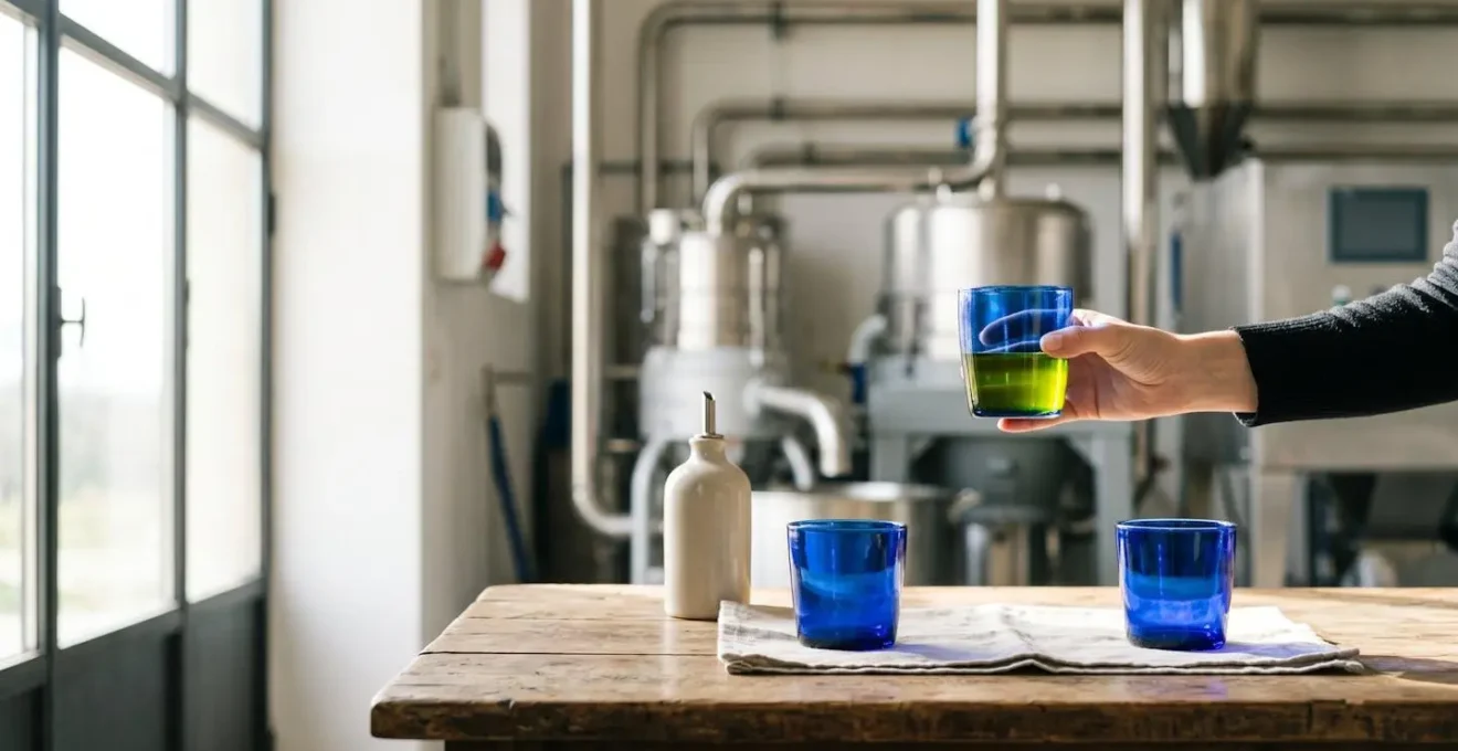 Degustazione professionale di olio extravergine appena franto in bicchieri blu cobalto