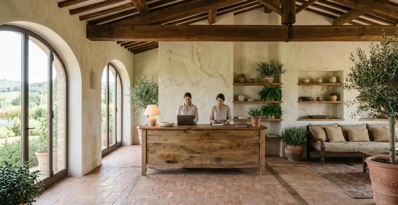 Vista grandangolare di una hall di hotel con materiali naturali visibili