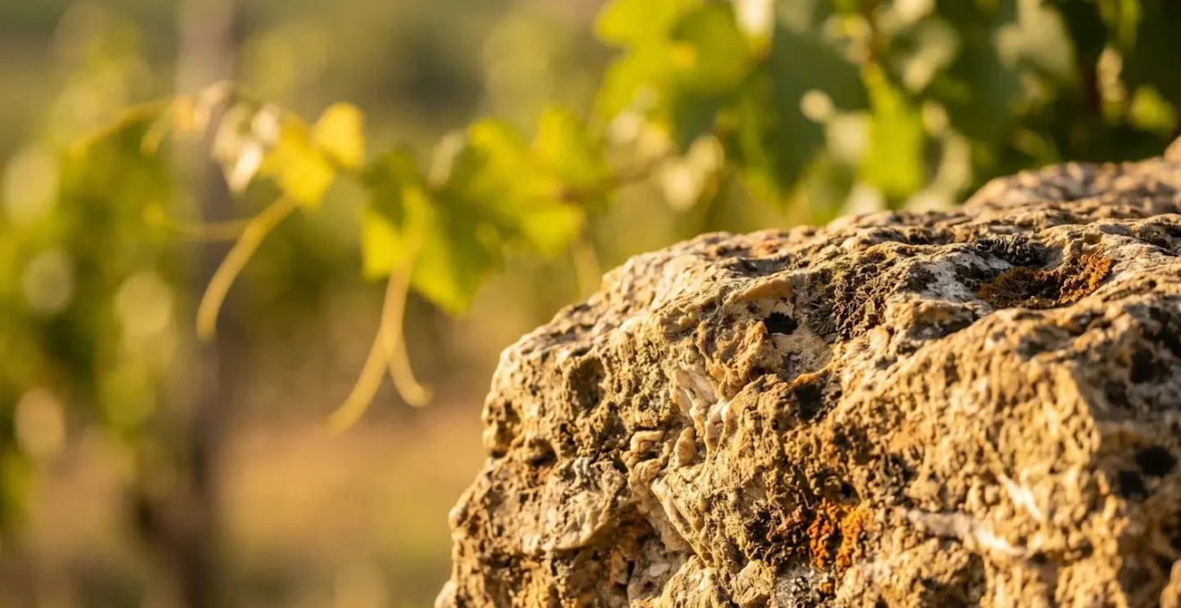 Dettaglio macro di pietre del muretto a secco illuminate dal sole con riflessi sulla vegetazione