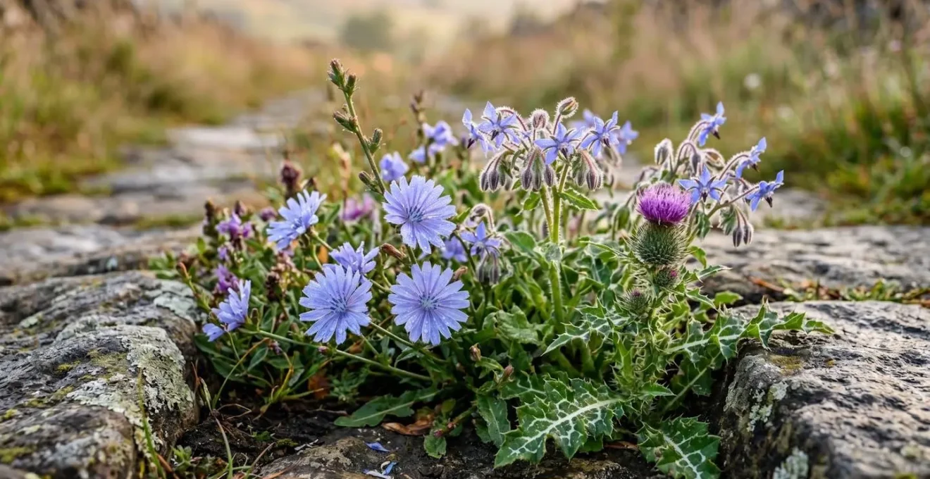 Dettaglio macro di erbe selvatiche lungo un sentiero pastorale