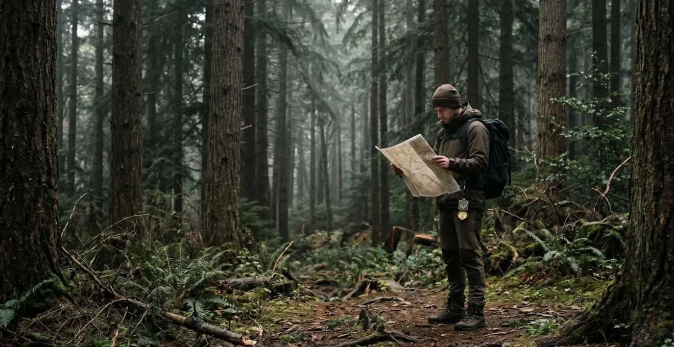 Escursionista che studia una mappa cartacea con bussola nel bosco