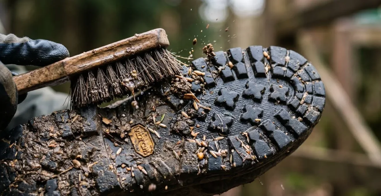 Escursionista che pulisce le suole delle scarpe prima di entrare in una riserva