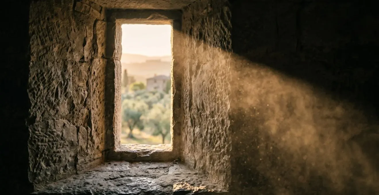 Finestra stretta di masseria in pietra orientata a sud-est con effetto di ventilazione naturale