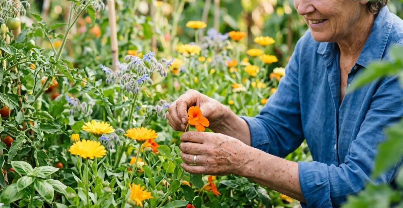 Composizione artistica di fiori edibili colorati tra verdure dell'orto in piena fioritura