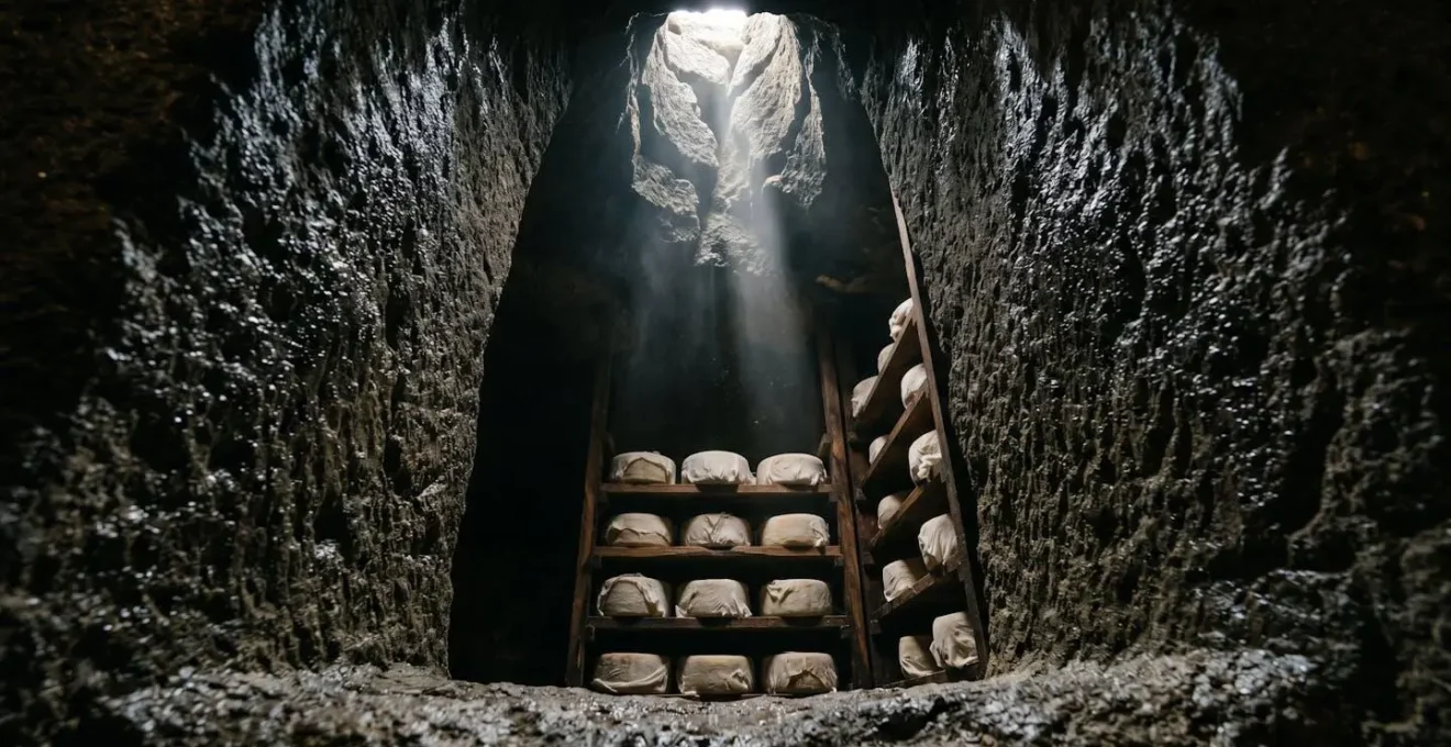 Forme di formaggio in stagionatura dentro una fossa di tufo tradizionale