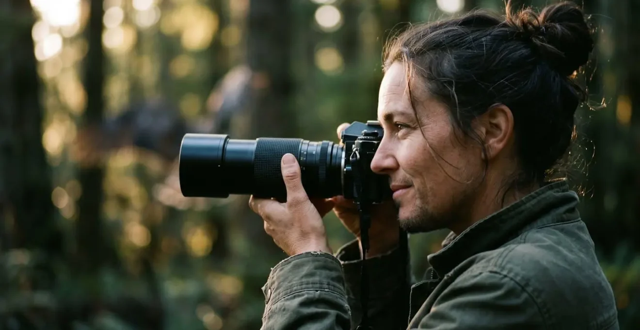 Fotografo con teleobiettivo osserva la fauna a distanza rispettosa