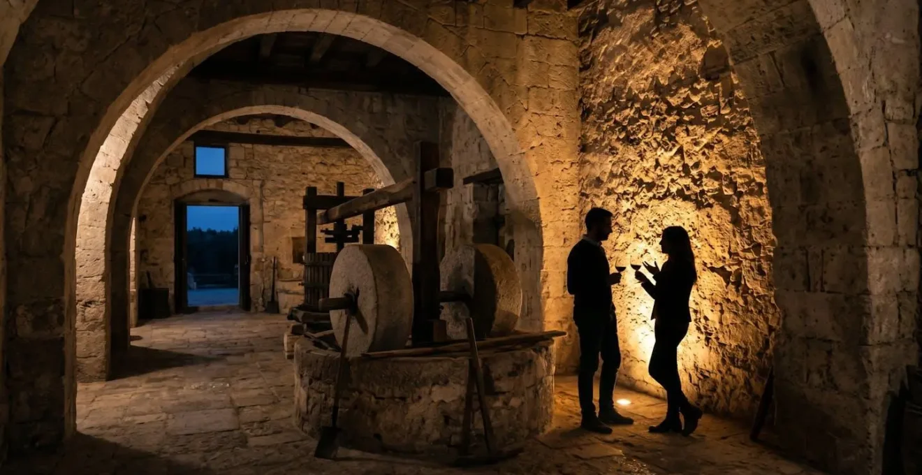 Interno di frantoio storico con giochi di luce calda su muri in pietra antica