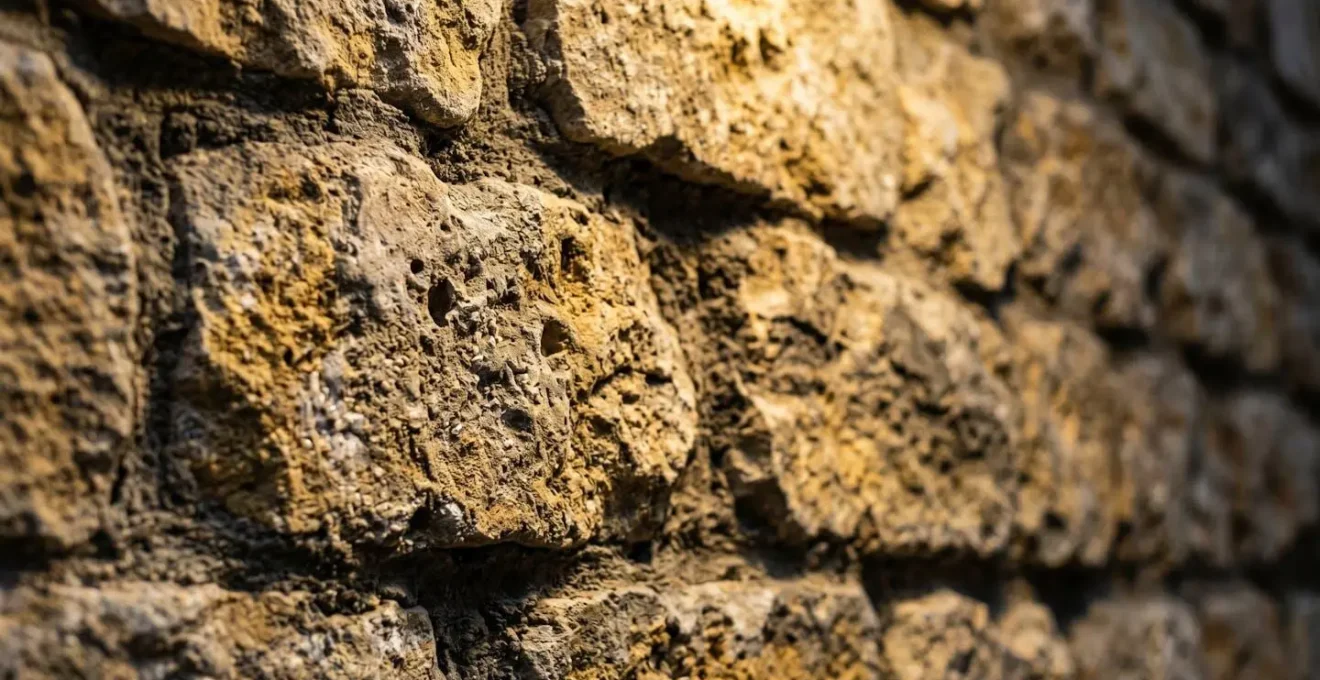 Dettaglio di muro in pietra con illuminazione radente che evidenzia la texture storica
