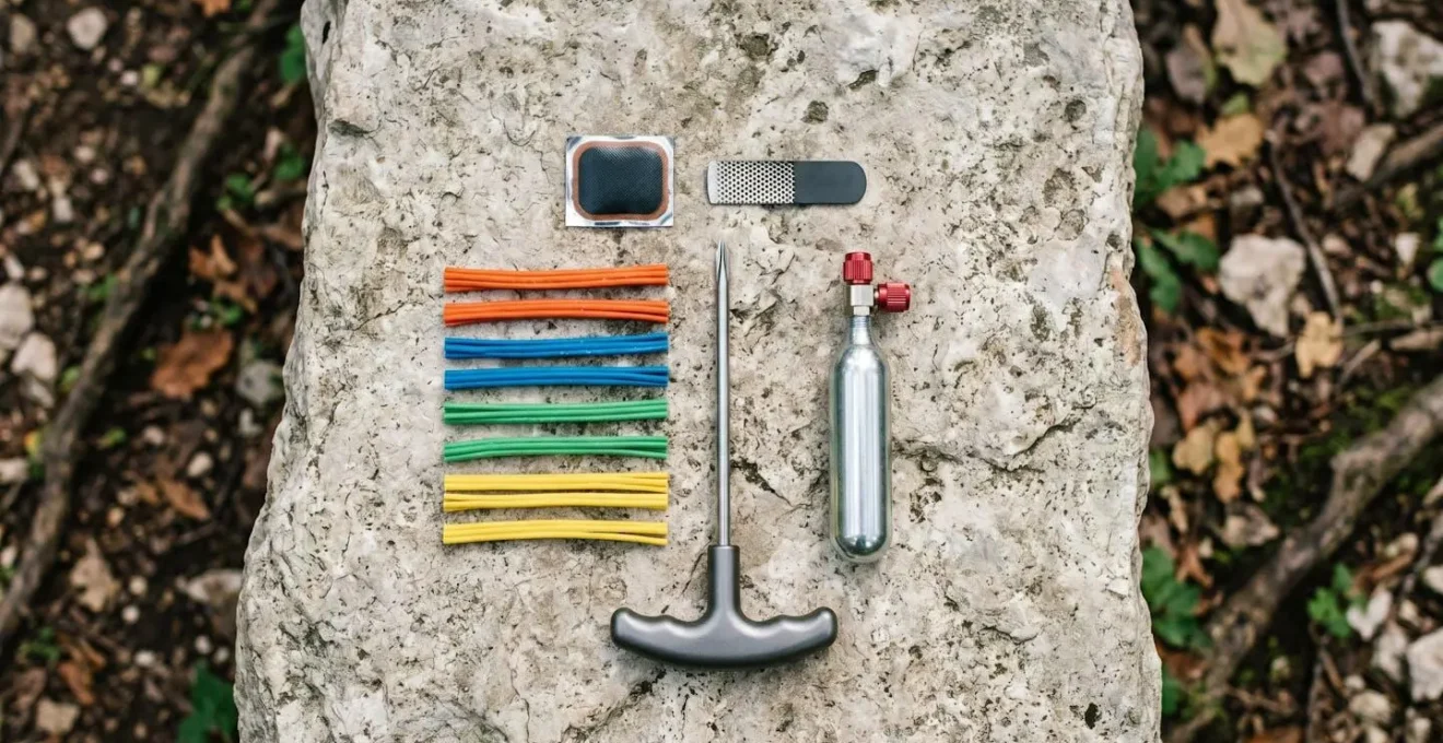 Kit di riparazione tubeless con vermicelli, attrezzi e bomboletta di CO2 disposti ordinatamente su una roccia in un bosco.