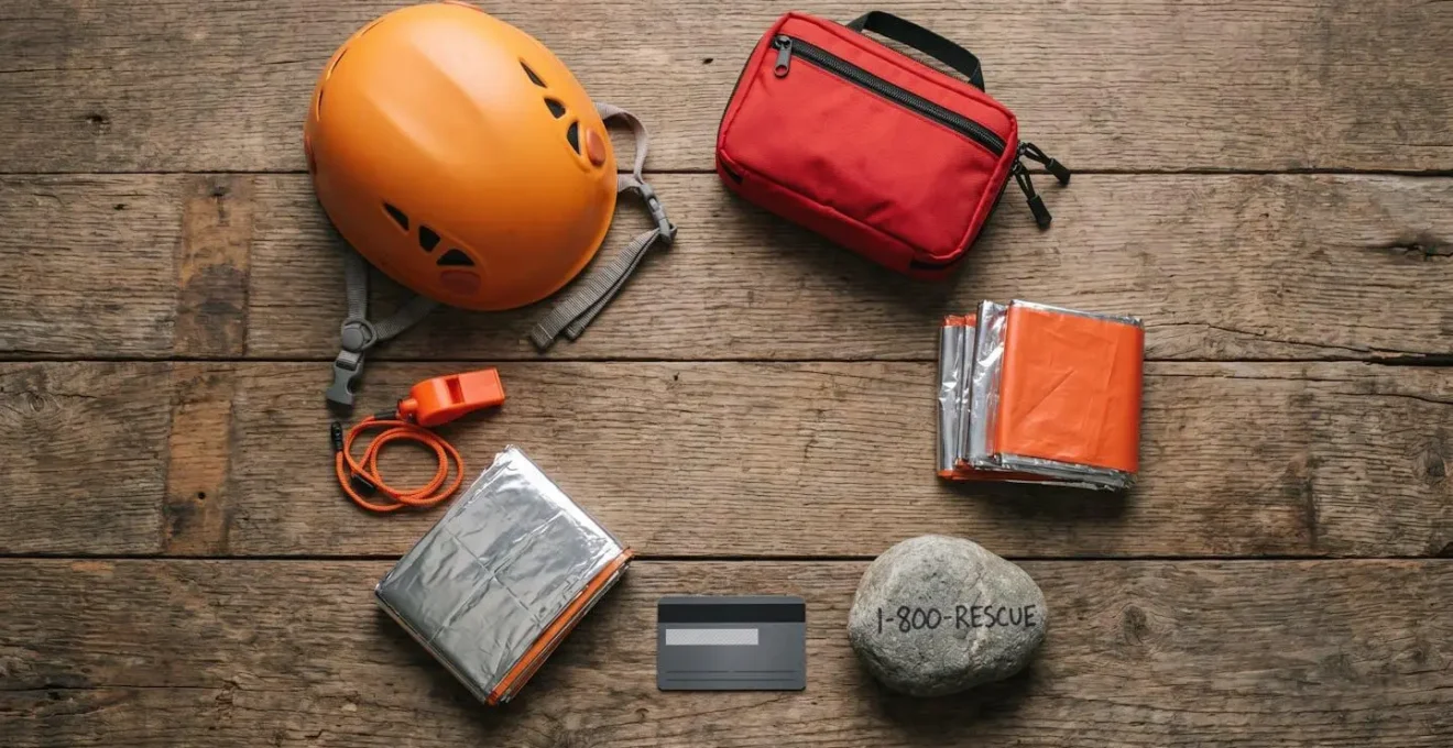 Kit di sicurezza per sport outdoor con attrezzatura e documenti assicurativi