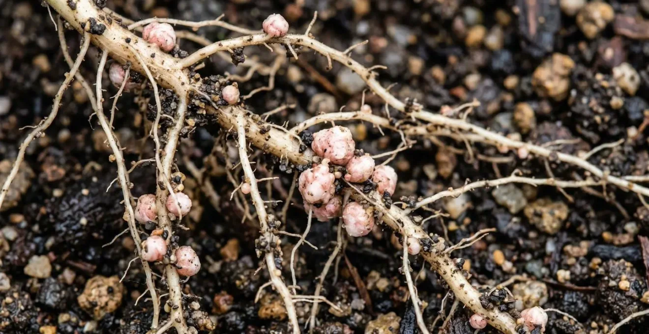 Radici di legumi con noduli azoto-fissatori nel terreno