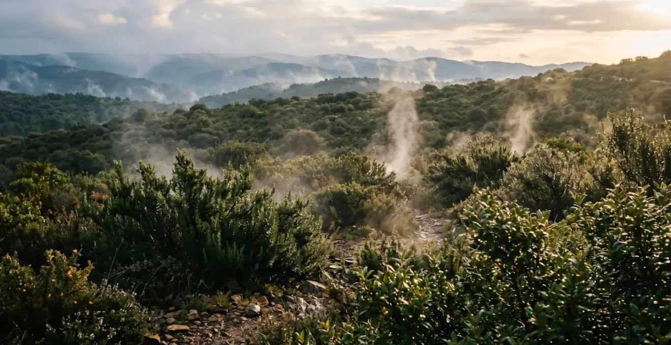 Paesaggio di macchia mediterranea con vapore che sale dalle piante dopo la pioggia