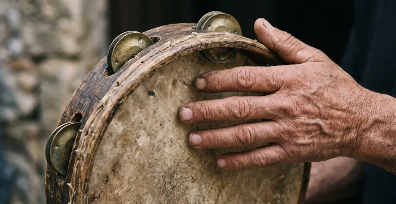 Dettaglio macro delle mani di un musicista che impugna un tamburello salentino tradizionale