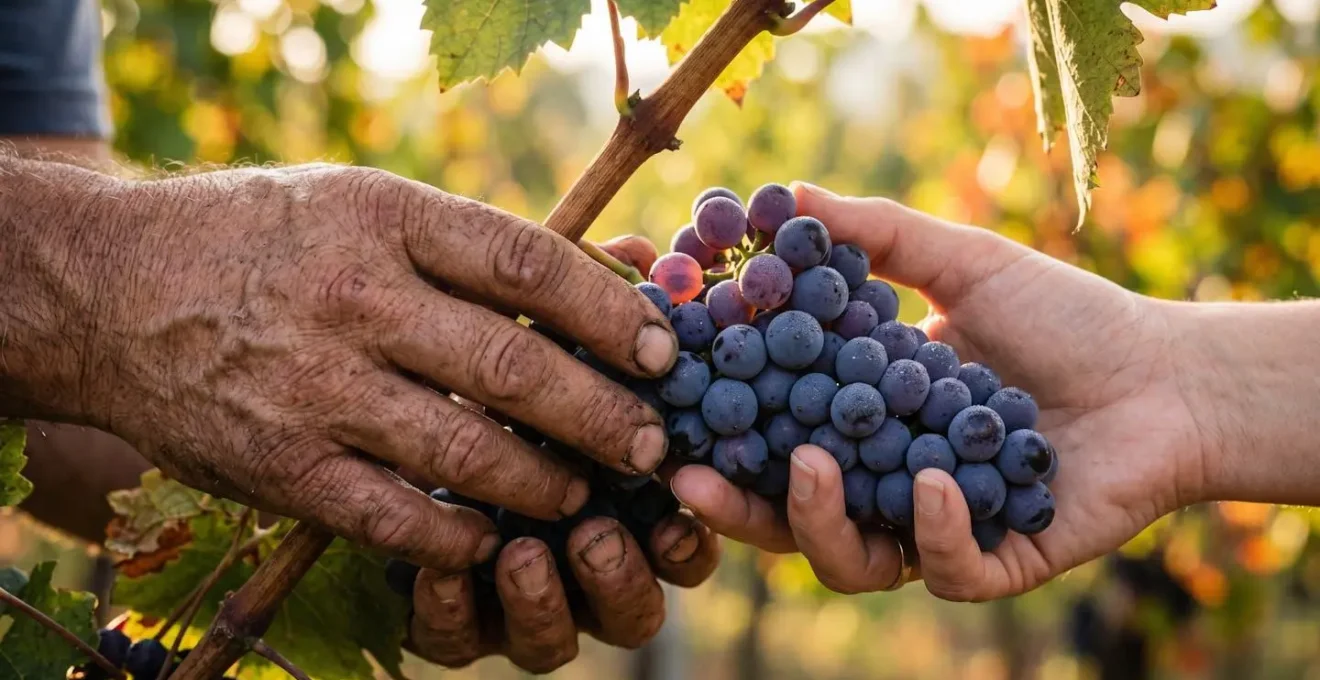 Primo piano di mani che raccolgono delicatamente grappoli d'uva matura in un vigneto durante la vendemmia autunnale