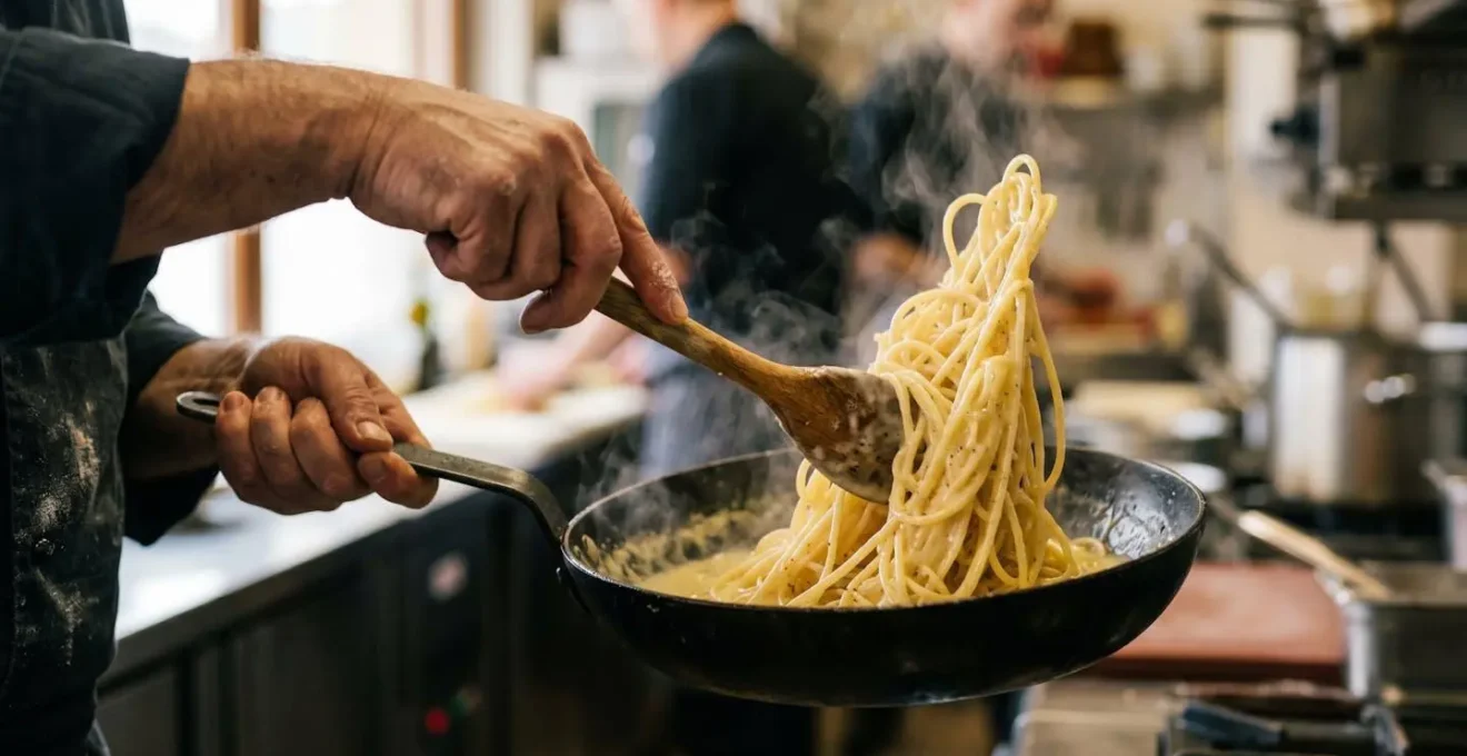 Mani che mantecano pasta con crema di pecorino in padella