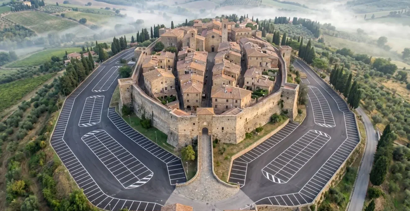 Vista aerea di un borgo medievale con indicazioni dei parcheggi esterni e zone ZTL