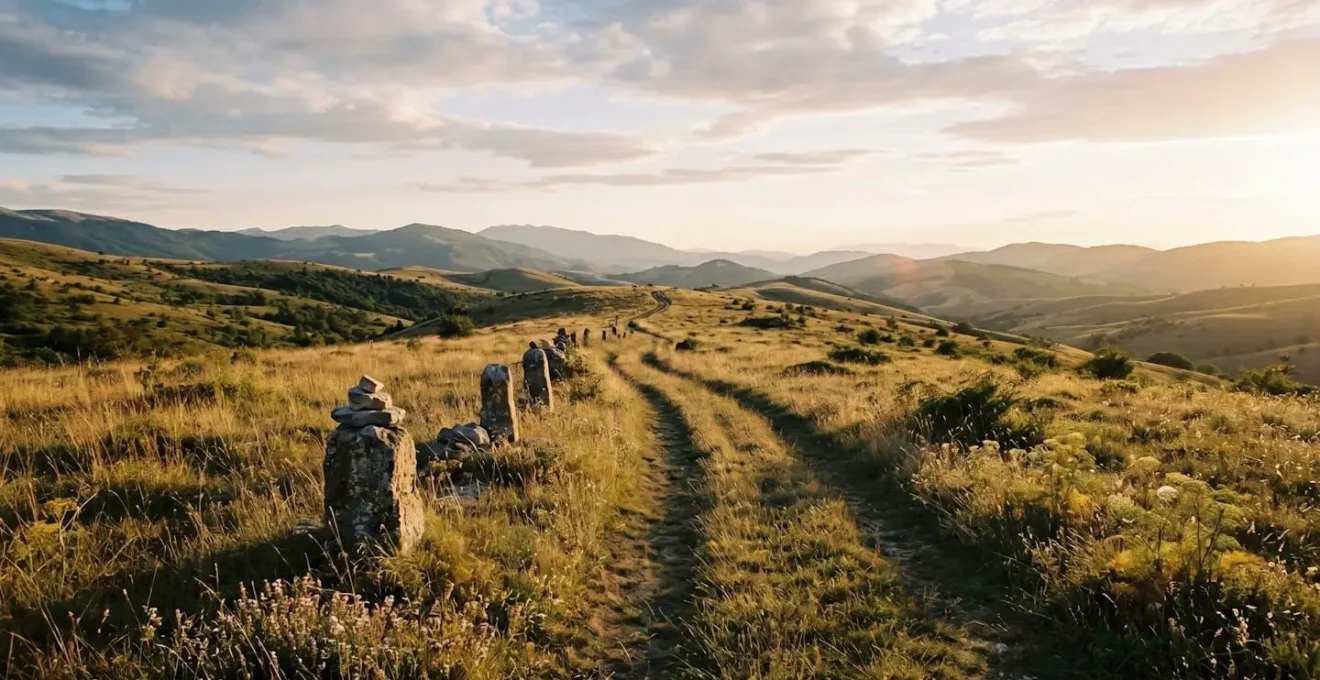 Vista ampia di un tratturo con pietre miliari antiche nel paesaggio