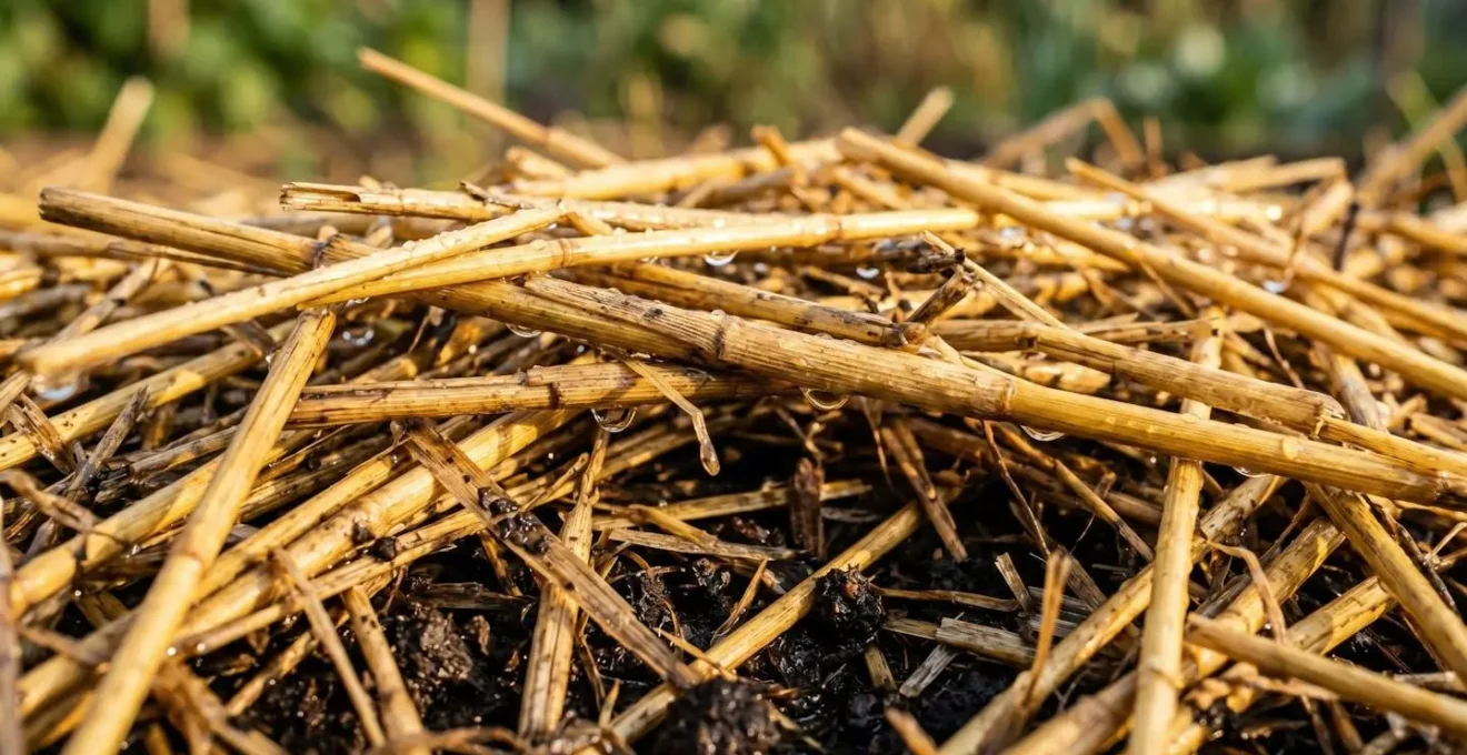 Dettaglio ravvicinato di uno strato di paglia dorata che copre il terreno con gocce d'acqua che filtrano lentamente