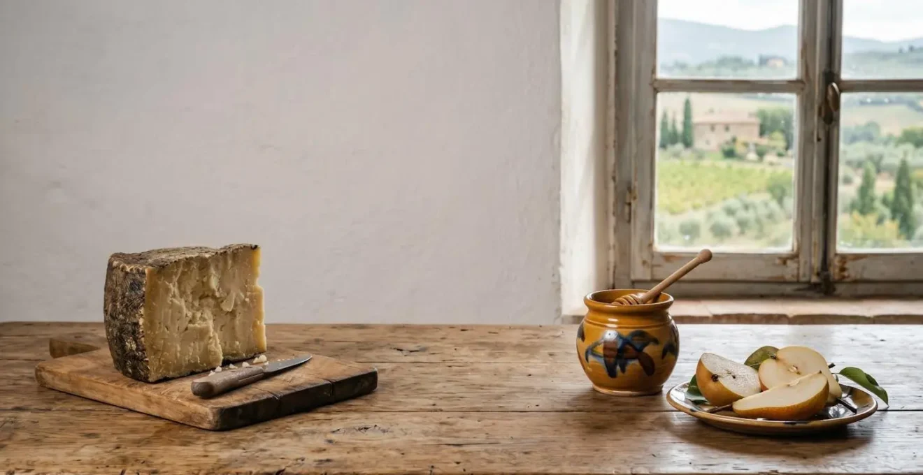Pecorino stagionato con miele di castagno e pere su tavola rustica
