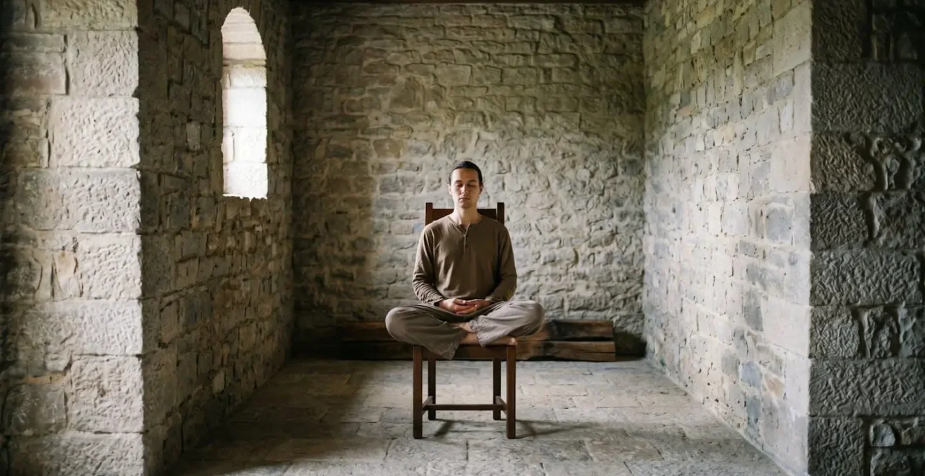 Sezione trasversale di muro in pietra spesso con persona in meditazione silenziosa