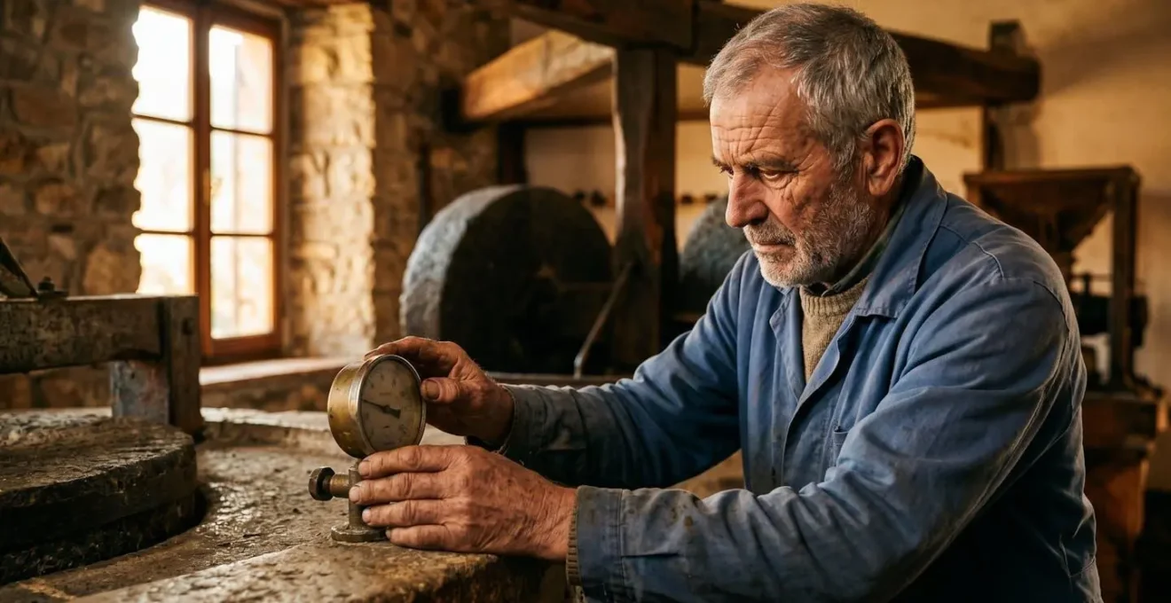 Produttore artigianale che controlla la temperatura durante la gramolatura nel frantoio