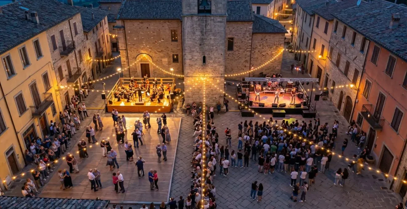Nonni che ballano liscio e giovani con band rock in piazza durante sagra serale
