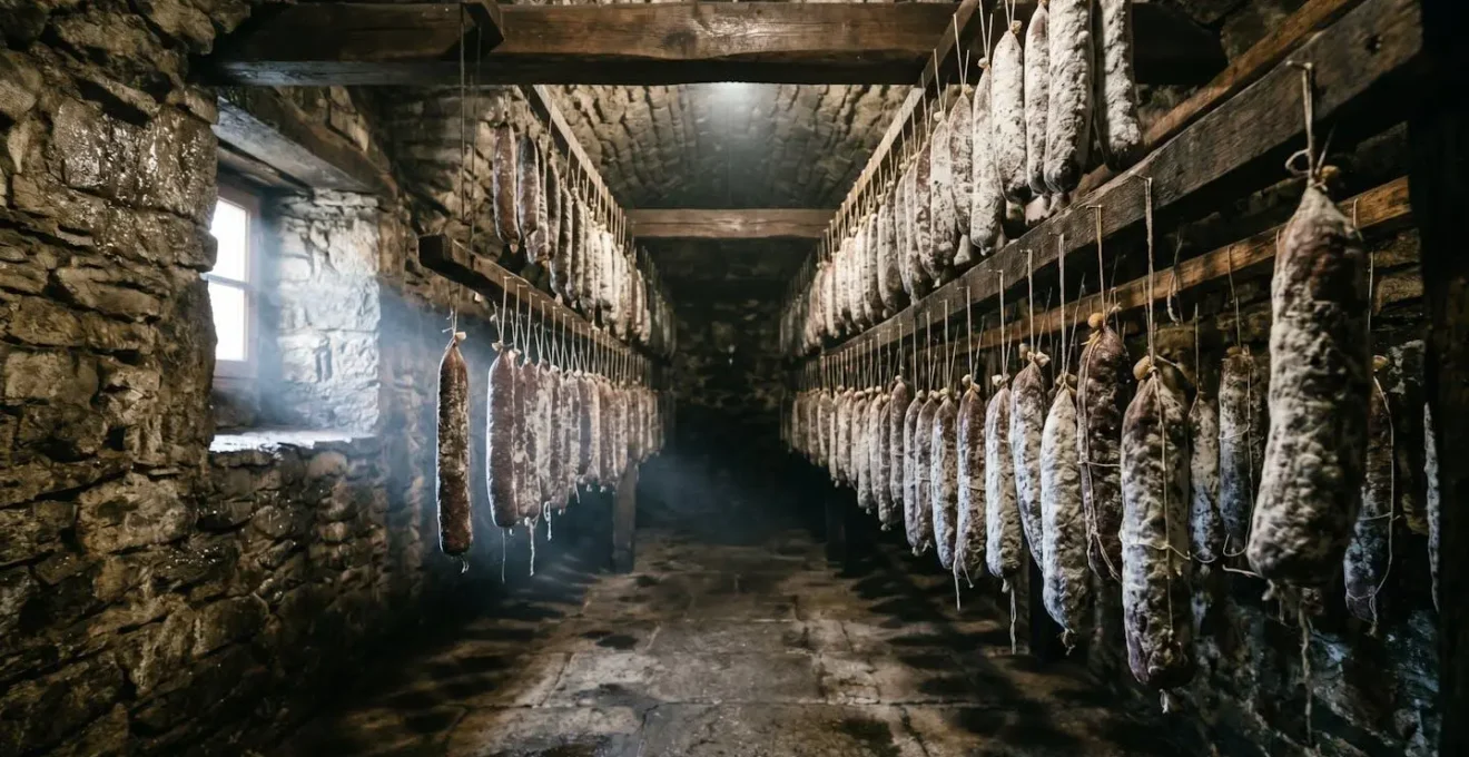 Salami stagionati ricoperti di muffa bianca nobile in cantina tradizionale