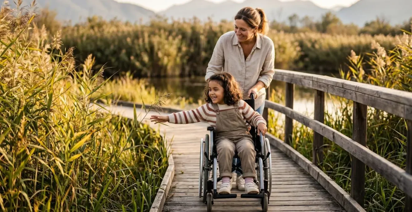 Passerella in legno accessibile attraverso una riserva naturale con famiglia e carrozzina
