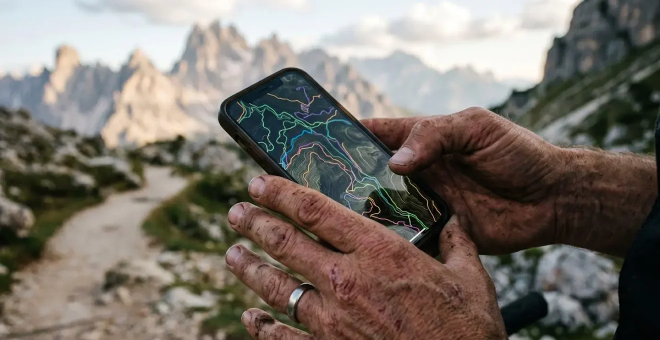 Mani di un ciclista che tengono uno smartphone con una mappa di un percorso fuoristrada, con le montagne italiane sullo sfondo.