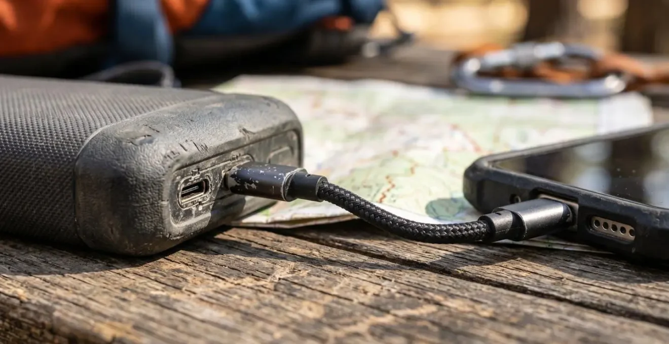 Smartphone collegato a un powerbank durante un'escursione con mappe offline
