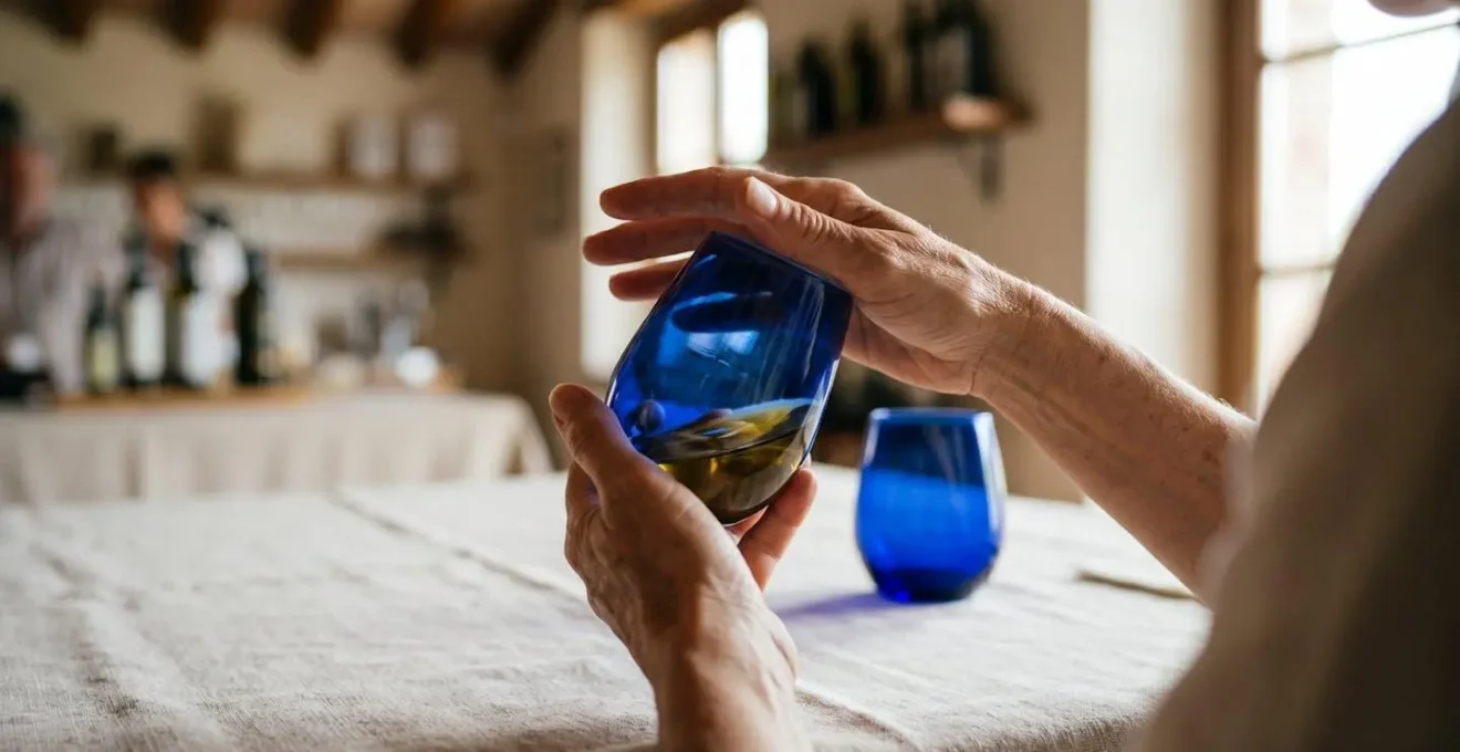 Mani che scaldano un bicchiere blu cobalto per la degustazione professionale dell'olio