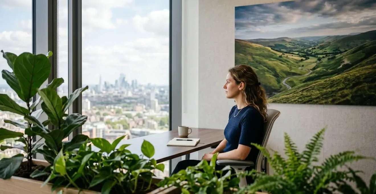 Ufficio con grande fotografia paesaggistica e piante, vista dalla finestra su città