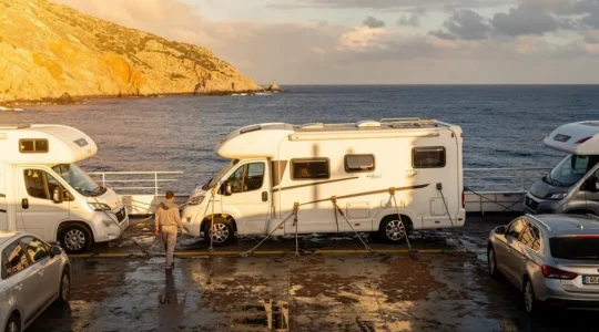 Un camper è fissato con delle cinghie sul ponte garage di un traghetto in navigazione davanti alla costa.