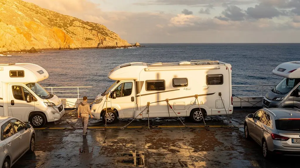 Un camper è fissato con delle cinghie sul ponte garage di un traghetto in navigazione davanti alla costa.